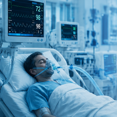 Intensive care unit monitor displaying a glowing ECG waveform